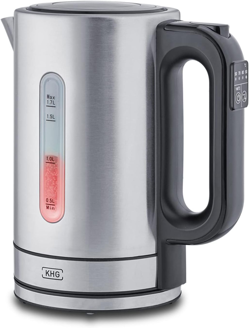 KHG Wasserkocher WK-1703 ES Edelstahl, 1,7 Liter, 5 Temperaturstufen 50-100°C, Kalkfilter, Wassersta