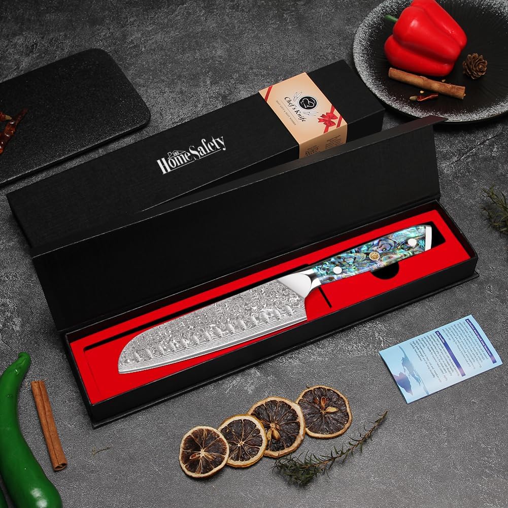 Home Safety Damastmesser Santoku Messer mit extrem Scharf 18cm Klinge aus 67 Lagen VG-10 Damaststahl