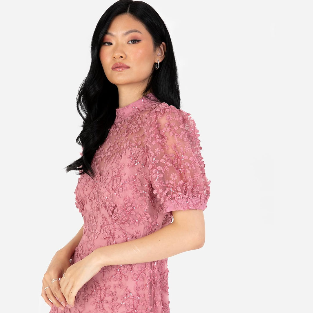 Maya Deluxe Damen Women's Embroidered Dress for Ladies Sequin Embellished Midaxi Floral High Neck We