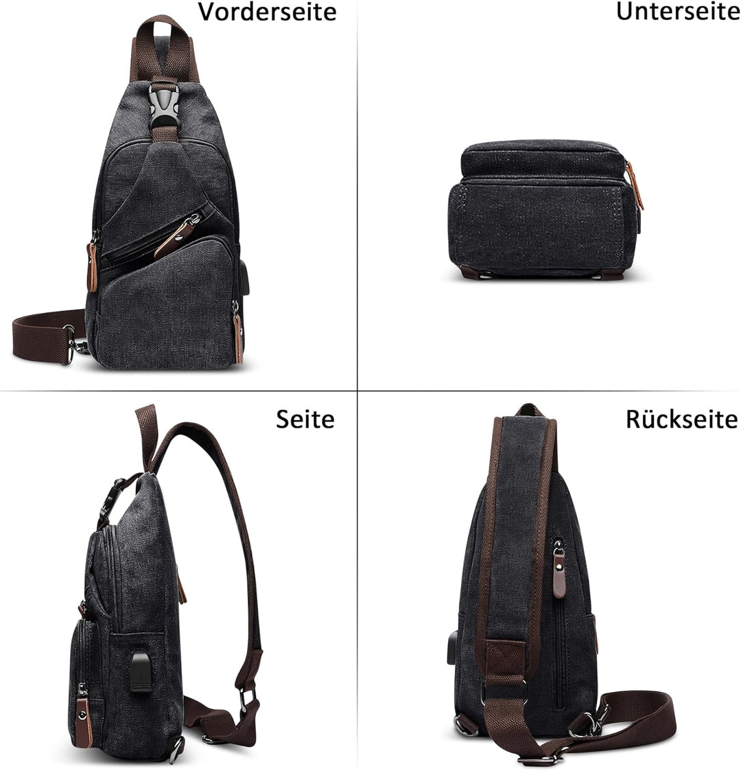 DORRISO Herren Umhängetasche Mode Brusttasche Schultertasche Leinwand Schultertaschen USB Anschluss