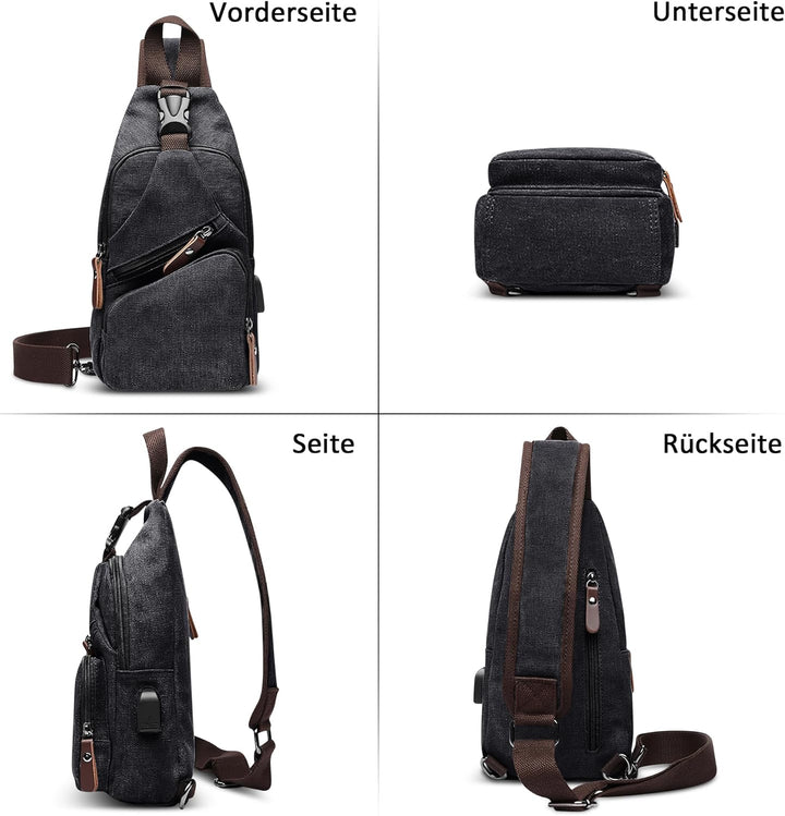 DORRISO Herren Umhängetasche Mode Brusttasche Schultertasche Leinwand Schultertaschen USB Anschluss