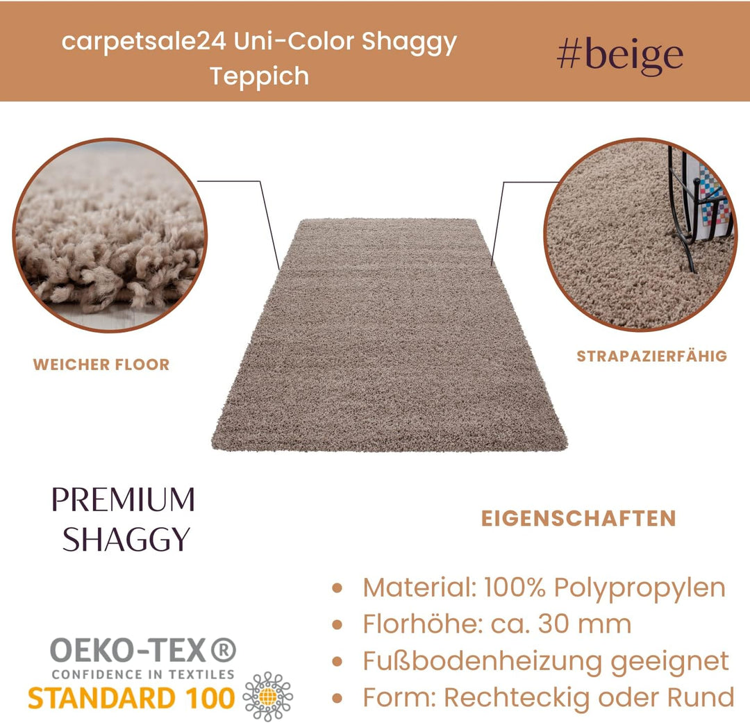 Carpetsale24 Shaggy Hochflor Teppich Wohnzimmer 120 x 170 cm Beige Modern - Teppich Flauschig, Extra
