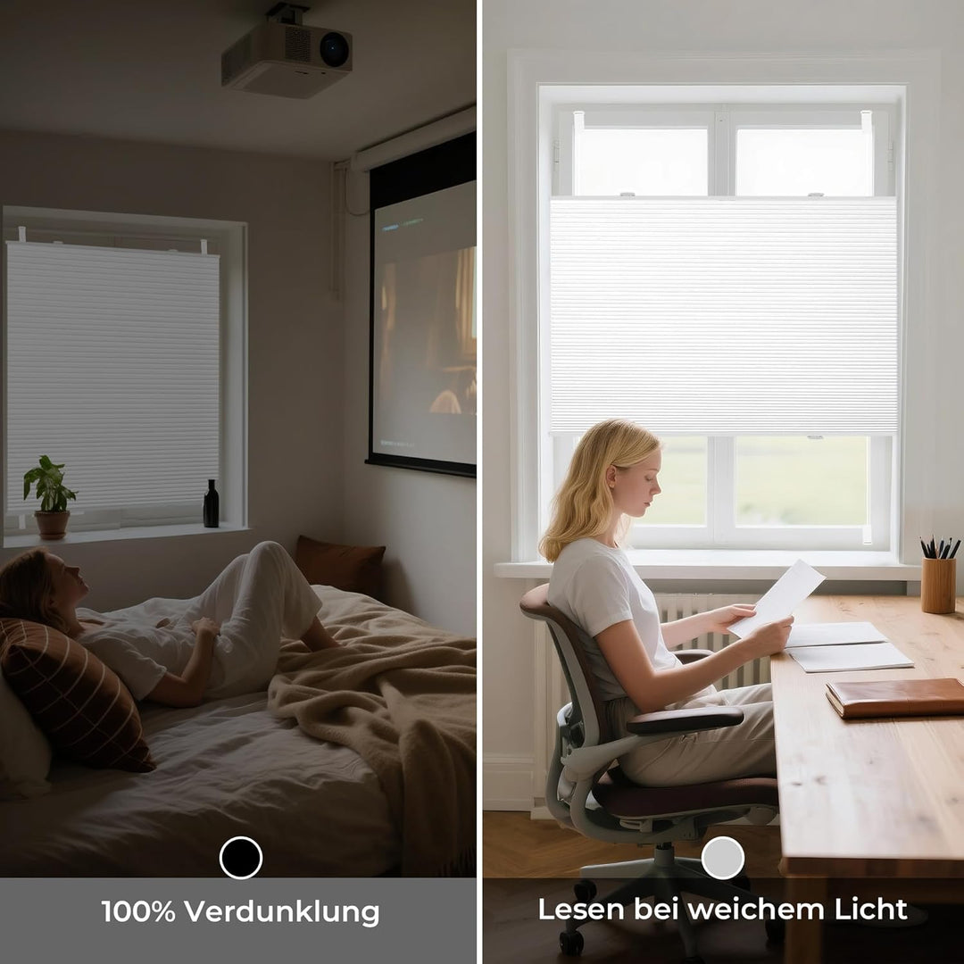 Allesin Wabenplissee ohne Bohren Verdunklung Thermo Doppelplissee Klemmfix Zweifarbig Weiss-weiss 85