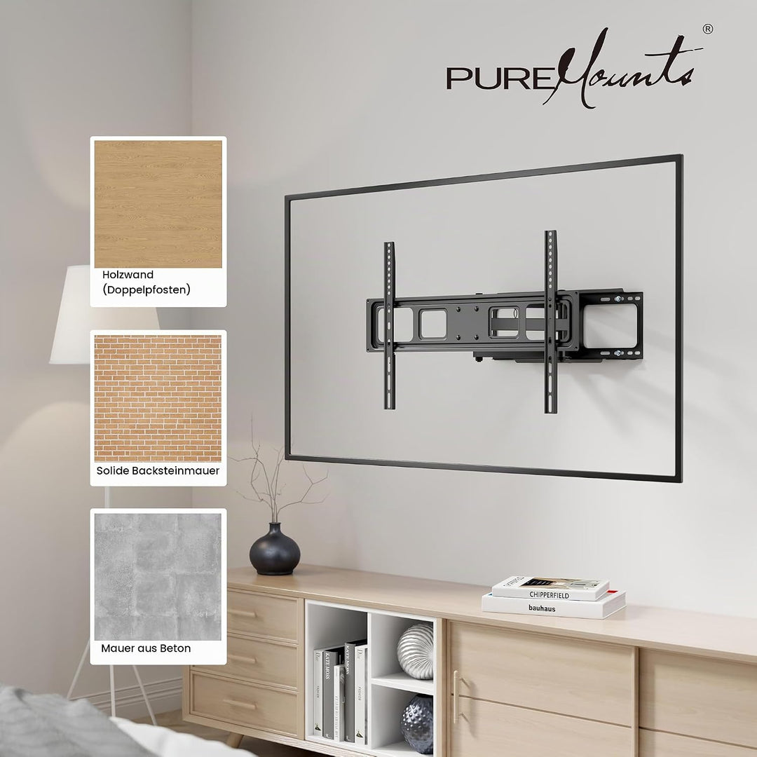 PureMounts TV Wandhalterung, neigbare und schwenkbare Universal Halterung für 32-70 Zoll Flach &amp; Cur