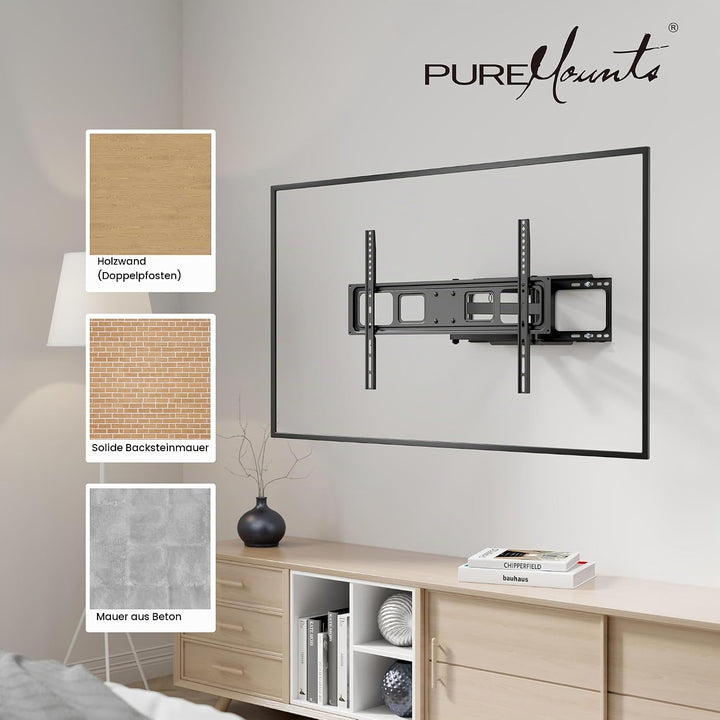 PureMounts TV Wandhalterung, neigbare und schwenkbare Universal Halterung für 32-70 Zoll Flach &amp; Cur
