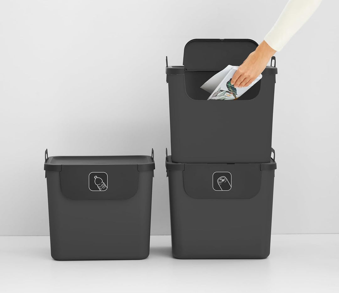Jive Rotho Recycling Müllsystem anthrazit 3er-Set Mülltrennsystem 30l für die Küche, Kunststoff (PP