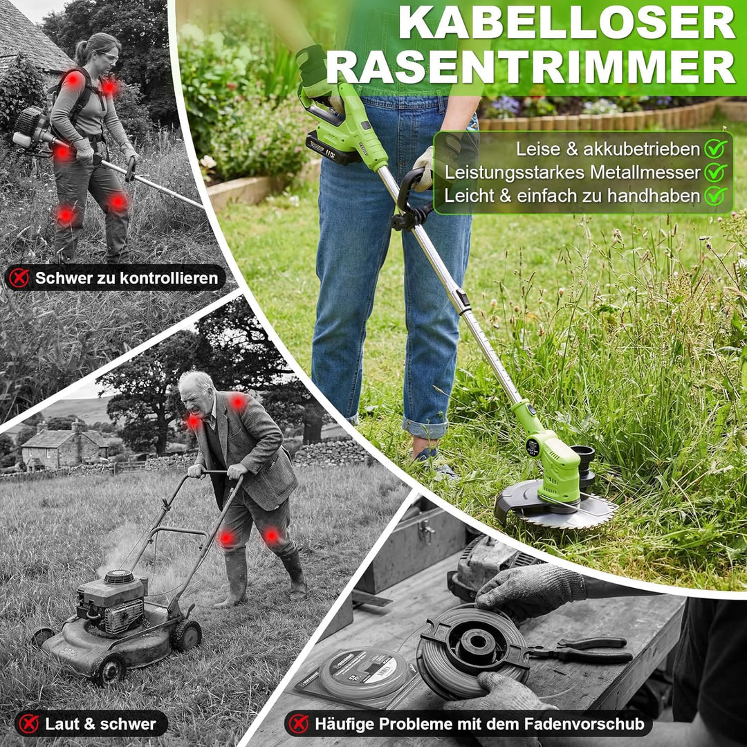 Rasentrimmer Akku 21V mit 2 Akkus und Ladegerät, Freischneider Akku 24000U/min mit LCD-Anzeige, Akku