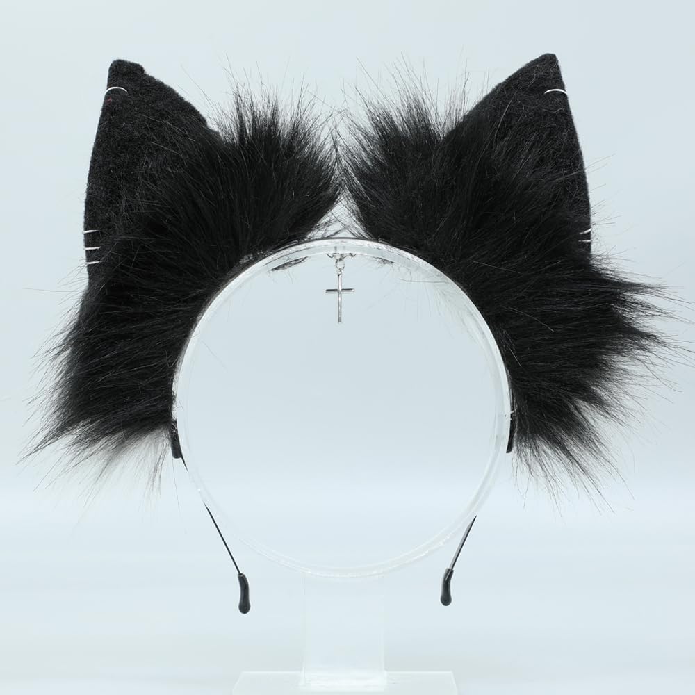 VIGVAN Handgemachte Wolf Fuchs Ohren Cosplay Kopf Zubehör Kawaii Haarband (Kette Schwarz Weiss), Ket