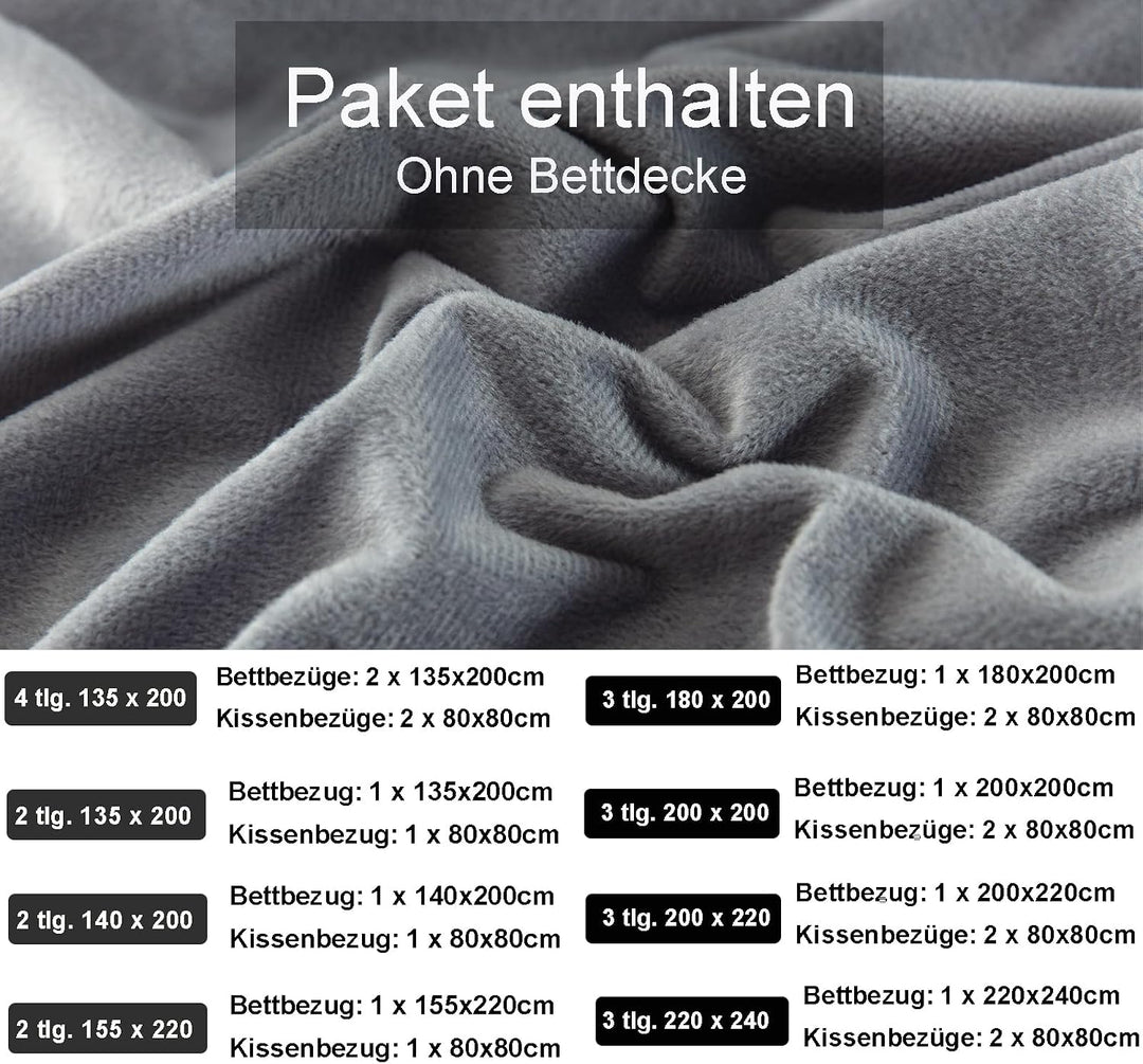 Soifox Winter Flanell Bettwäsche 180x200 - Grau Flauschige und Warme Cashmere Touch Bettbezug + Kiss