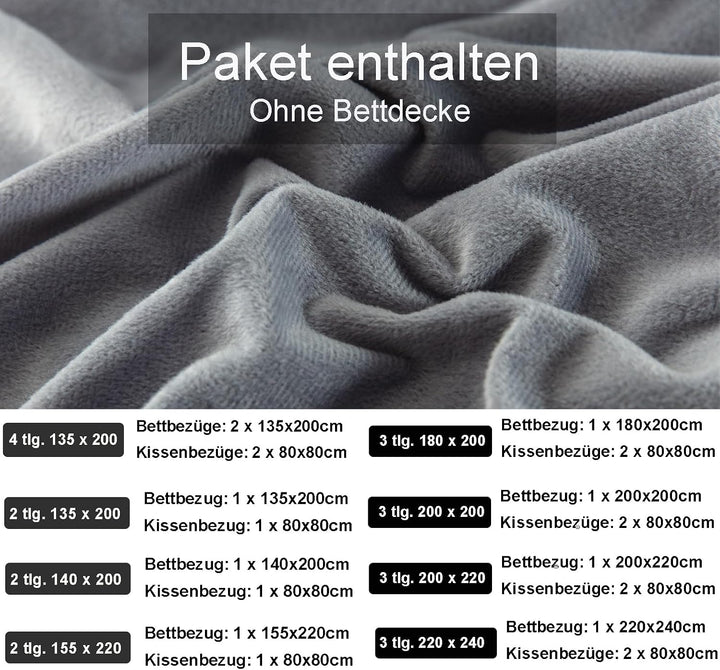 Soifox Winter Flanell Bettwäsche 180x200 - Grau Flauschige und Warme Cashmere Touch Bettbezug + Kiss