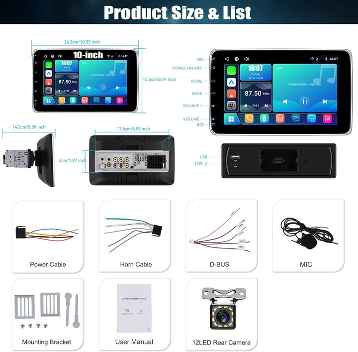 CAMECHO Autoradio mit IPS Bildschirm,10 Zoll 1 Din Apple CarPlay Android Auto Touch Screen Display,