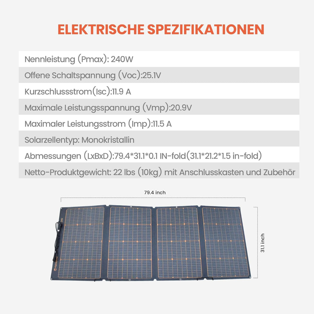 FlexSolar Solarpanel Faltbar 240W, IP67 Wasserdichtes Tragbares Solarpanel kit mit 20V-28V DC Ausgän