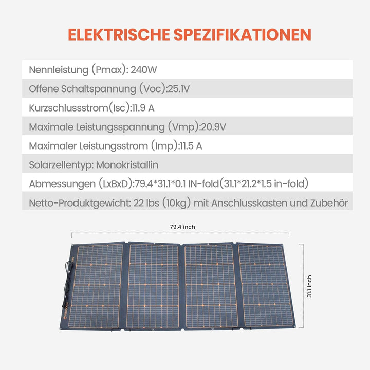 FlexSolar Solarpanel Faltbar 240W, IP67 Wasserdichtes Tragbares Solarpanel kit mit 20V-28V DC Ausgän