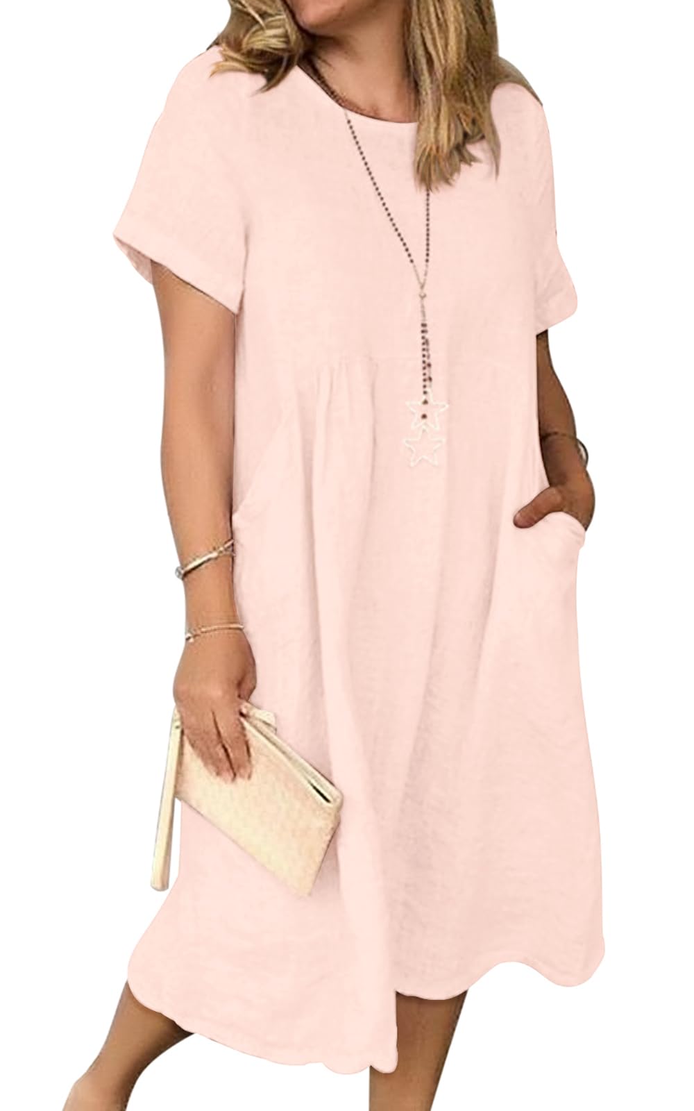 Tincini Sommerkleid Damen Leinen Kleider Casual V-Ausschnitt Midikleid Kurzarm A-Linie Kleid Strandk