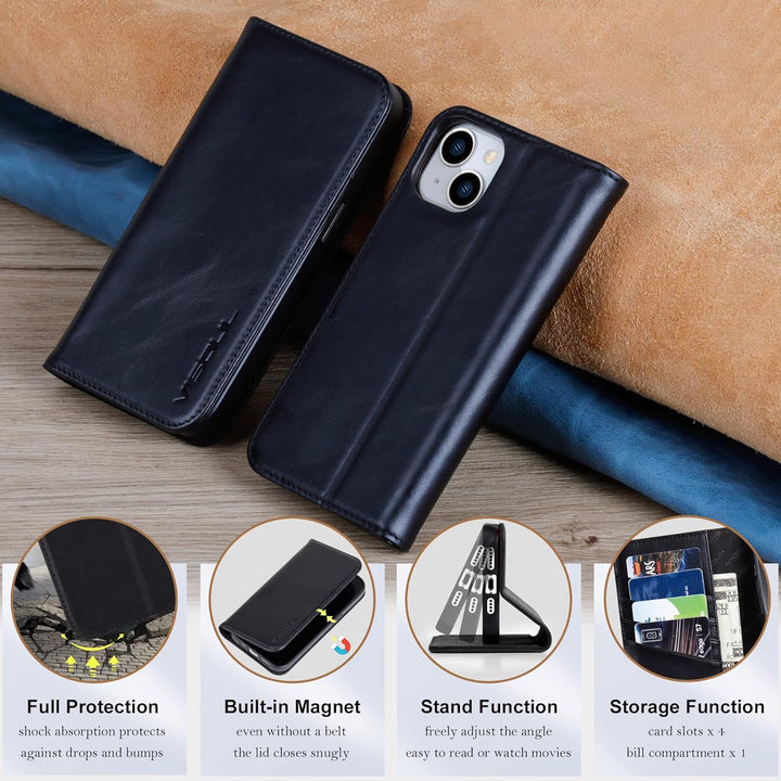 VISOUL iPhone 14 Plus Hülle, Stossfeste Handyhülle [Erstklassiges Rindsleder], TPU Schutzhülle [Kart