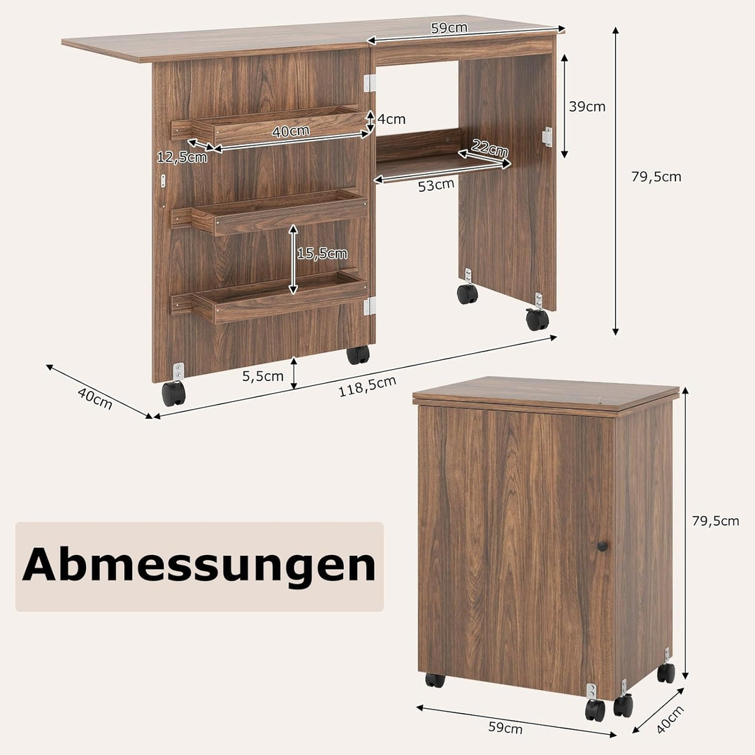 GIANTEX Nähtisch klappbar, Nähmaschinentisch auf Rollen, Nähtisch für Nähmaschine, Nähschrank Holz,
