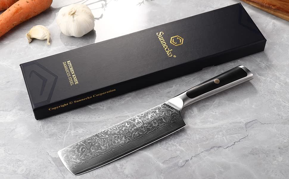 Sunnecko Damascus Küchenmesser 7 Zoll Hackmesser VG-10 Edelstahl Hackmesser mit solidem Griff Nakiri