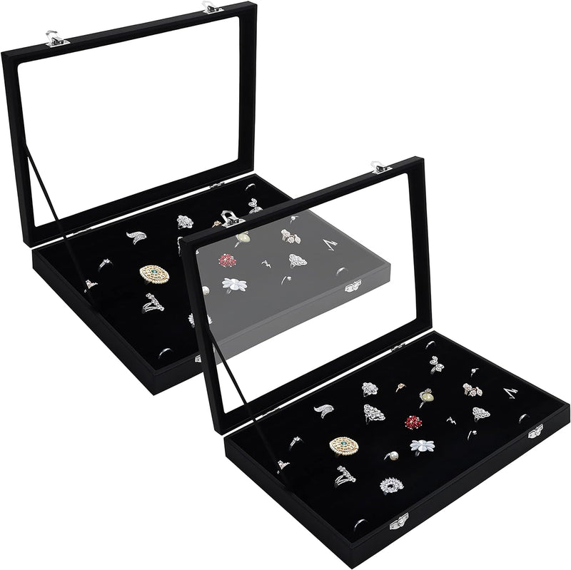 Kurtzy 2er Pack Schwarzes Samt Ring Schmuck Aufbewahrungssystem Schmuckkästchen Glas Deckel mit 100