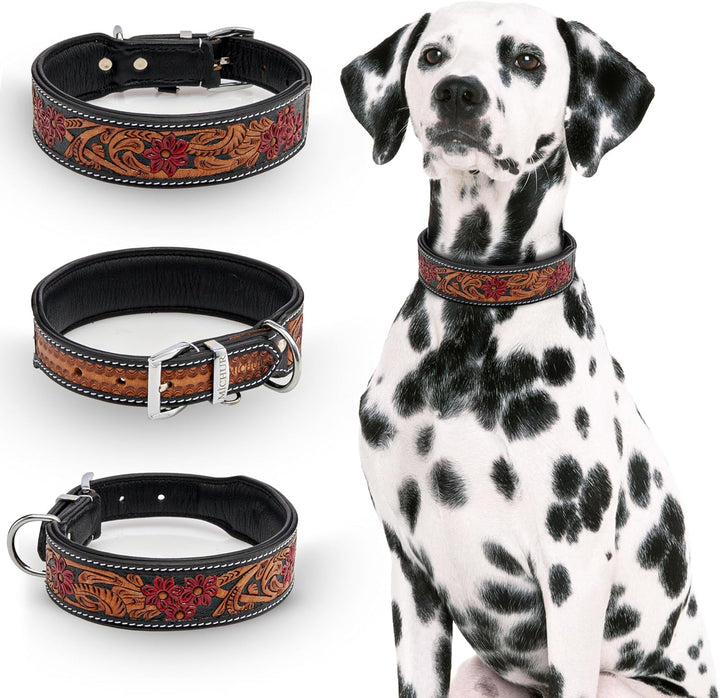 MICHUR Flora Hundehalsband Leder, Lederhalsband Hund, Halsband, SCHWARZ Rot Braun, Leder, mit roten