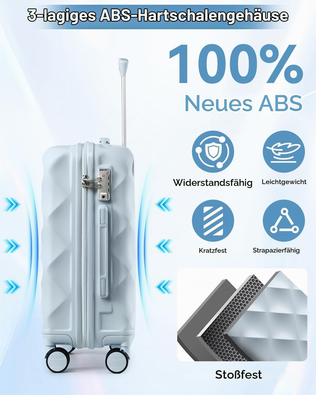 Sea choice Handgepäck Koffer Trolley ABS Leicht Reisekoffer Hardschale 4 Rollen und TSA Schloss Mit