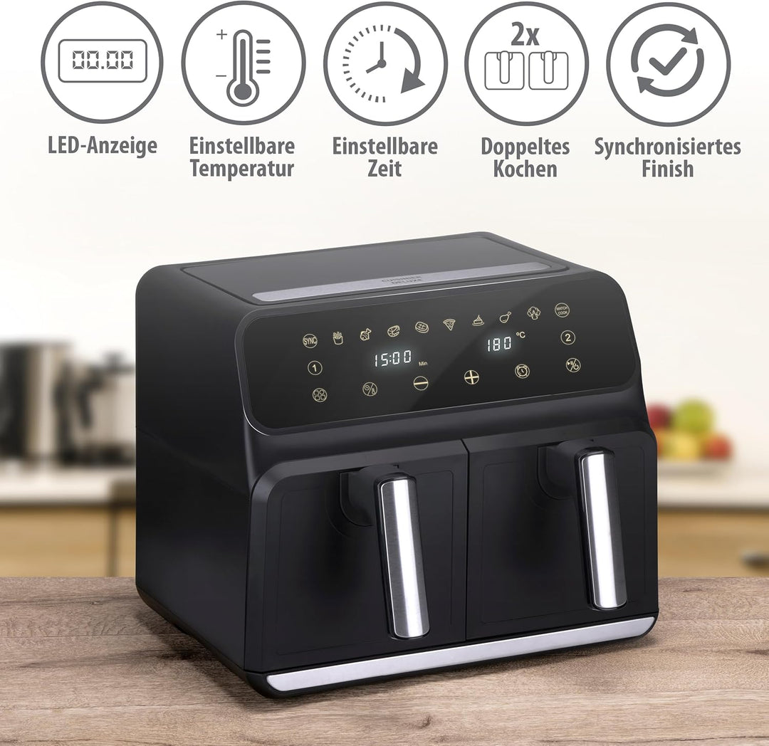 alpina Doppel Heissluftfritteuse 8L - Airfryer 1700W - Heissluftfritteuse für Braten, Frittieren und