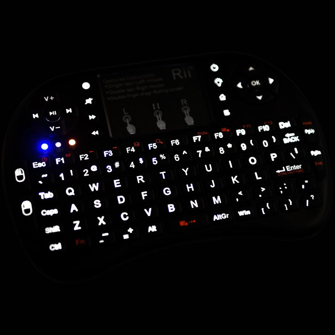 Rii Mini i8+ Wireless (QWERTY US Layout) - Mini Beleuchtete Tastatur mit Multi-Touch Maus-Pad für Sm