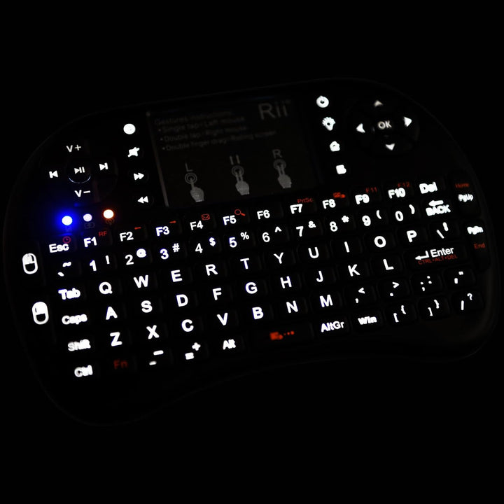 Rii Mini i8+ Wireless (QWERTY US Layout) - Mini Beleuchtete Tastatur mit Multi-Touch Maus-Pad für Sm
