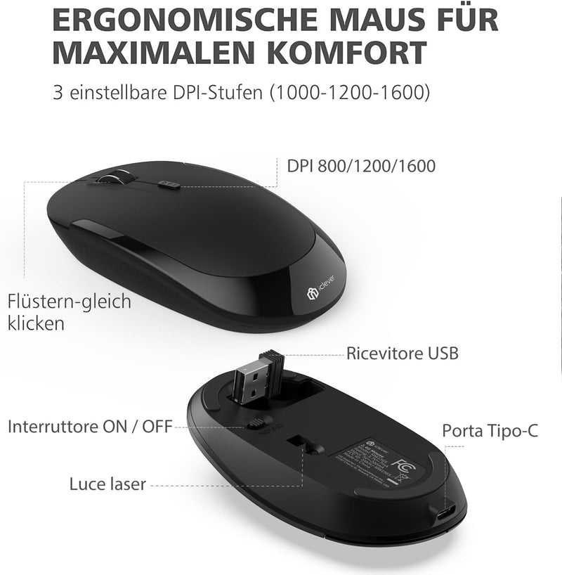 iClever 2.4G Tastatur Maus Set Kabellos, Aluminium Wireless Slim Tastatur QWERTZ Layout (Deutsch), f