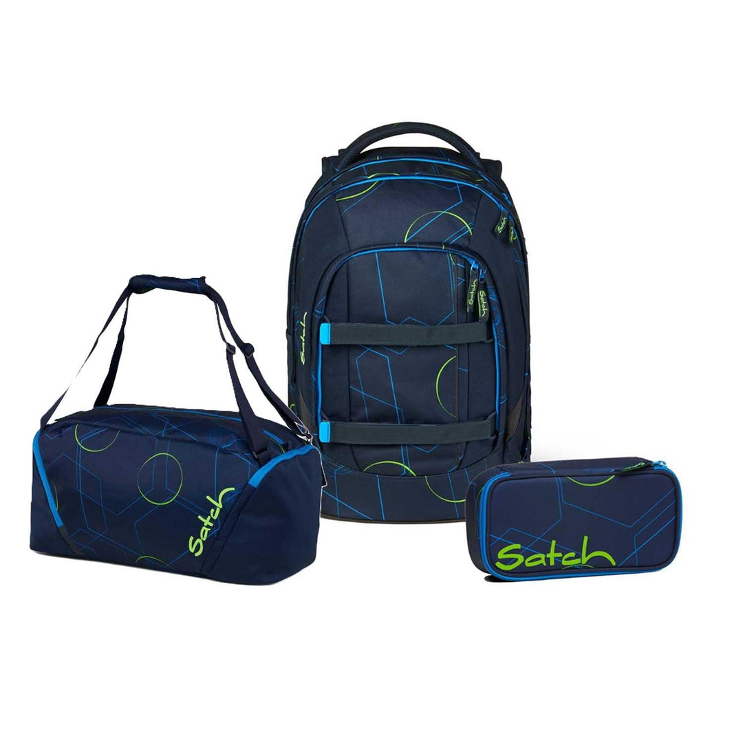 satch Pack Schulrucksack Set 3tlg. mit Sporttasche und Schlamperbox Blue Tech