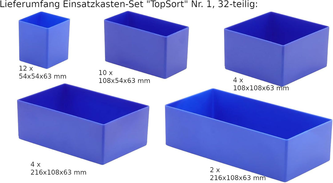 1a-TopStore 32-tlg. Einsatzkästen-Set, Blau, für Schubladen von Material- und Werkzeugschränken, Wer