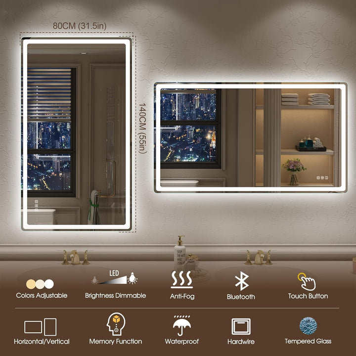 STARLEAD Badezimmerspiegel-mit-Beleuchtung 140x80cm, Grosser LED-Spiegel-Bad mit Entfoggen, Bluetoot