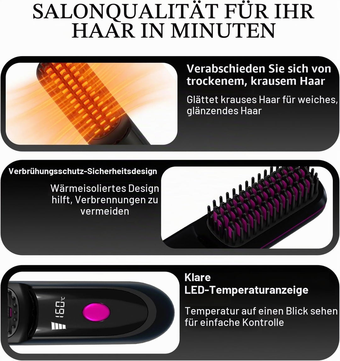 Glättbürste Kabellos, 2026 Neu Haarglätter Bürste, Stylingbürste für Kurze Haare Langes, Tragbare Ha