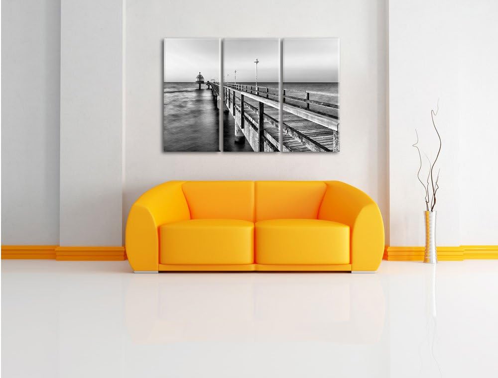 Monocrome, Pier Steg ins Meer Sonnenuntergang Strand Wasser 3-Teiler Leinwandbild 120x80 Bild auf Le