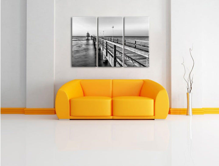 Monocrome, Pier Steg ins Meer Sonnenuntergang Strand Wasser 3-Teiler Leinwandbild 120x80 Bild auf Le