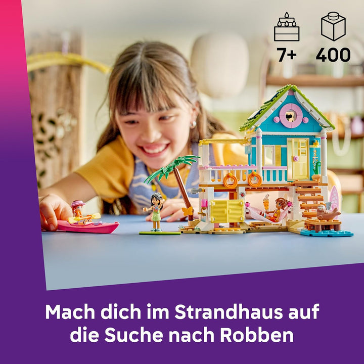 LEGO Friends Strandhaus mit Robben - Miniatur Spielset mit 3 Mini Puppen, 2 Meeres Tierfiguren und Z