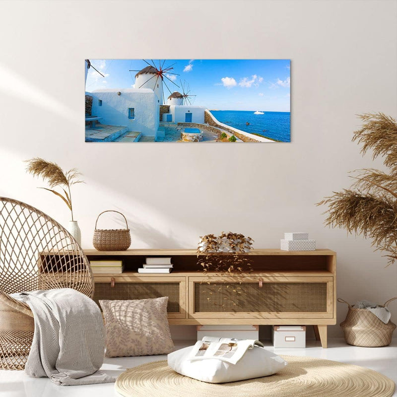 Wandbilder Dekoration Wohnzimmer Griechenland Insel Küste Haus Panorama Bilder auf Leinwand 120x50cm