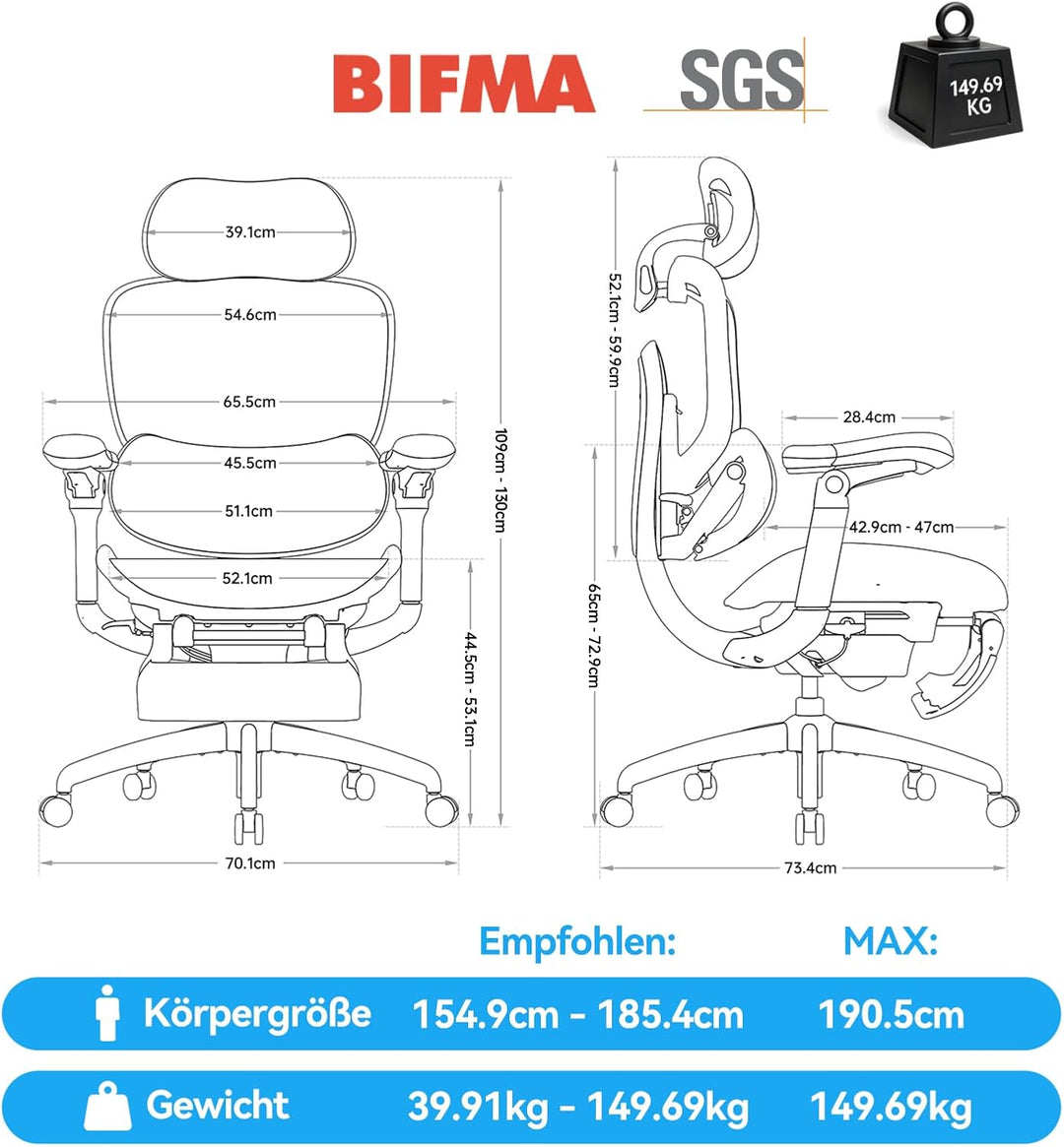 SIHOO Doro C300 V2 Ergonomischer Bürostuhl mit Fussstütze, Netz-Schreibtischstuhl mit 8D-Armlehnen,