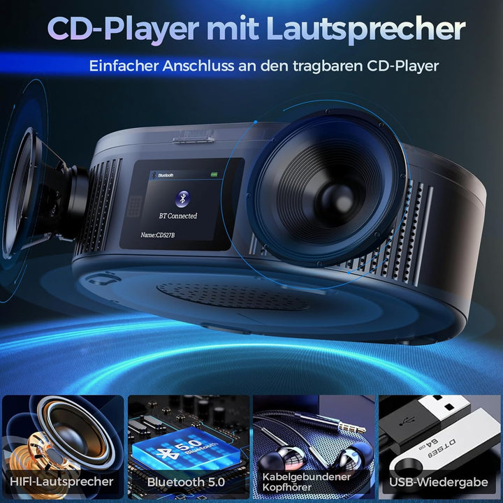 Desobry Tragbarer CD-Player mit Bluetooth, Grossem LCD-Display, Akku, Lautsprecher, AUX, USB, UKW-Ra