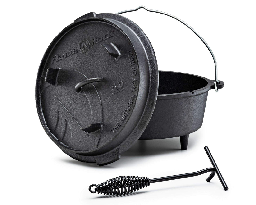 Dutch Oven 6.0, traditioneller, gusseiserner Feuertopf mit 6,0 Liter Fassungsvermögen, bereits einge