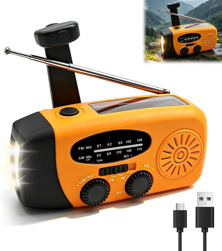 Notfall Kurbel Radio mit Solar 3 leistungsstarken LED Taschenlampe 2000mAh Akku Solar Batterie Power