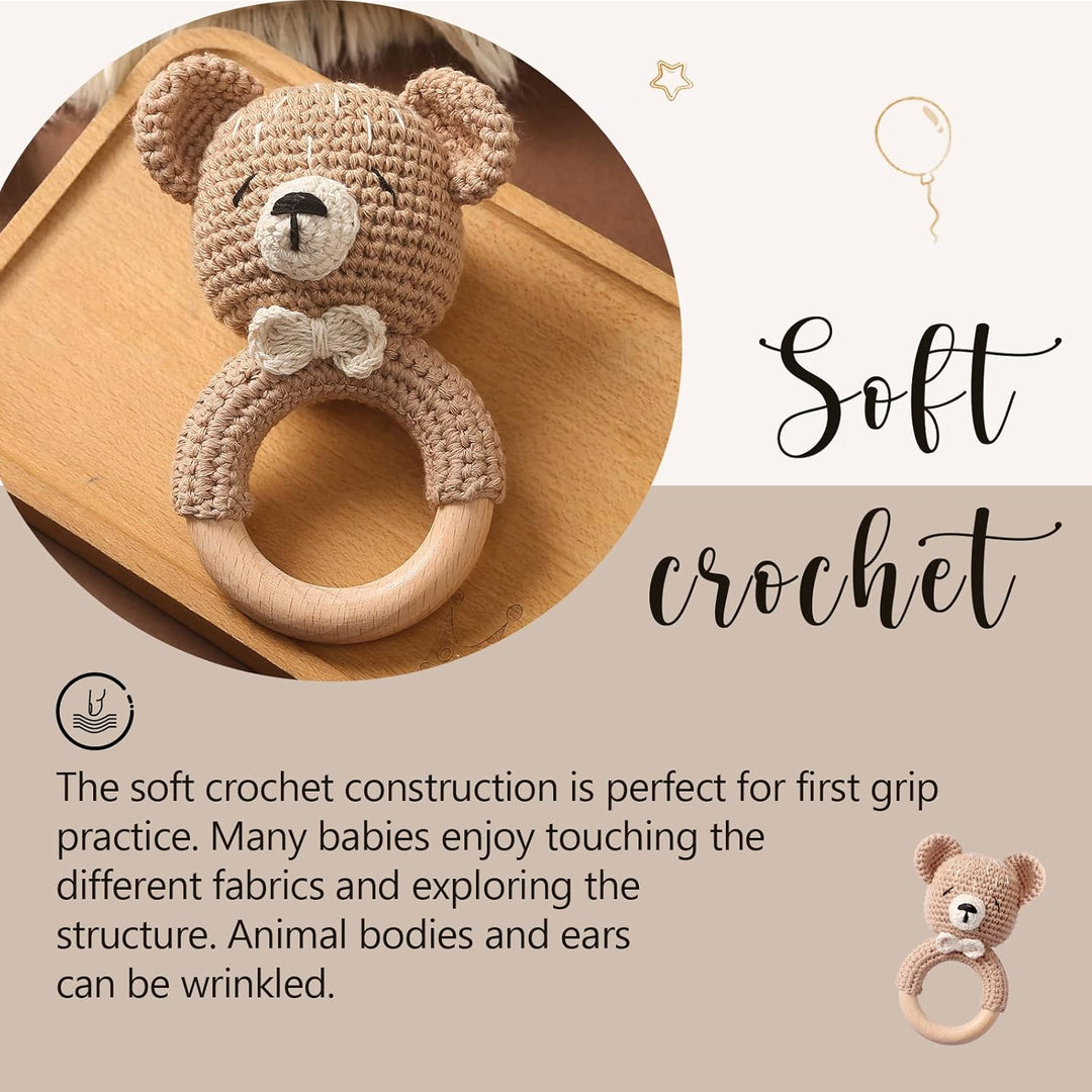 Youuys Babyrassel Gehäkelte Holz Häkeln Tiere Greifling Baby Holz Rassel Baby mit Sound Handmade Ras