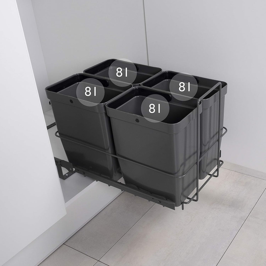 LM 79/4 Einbau Mülleimer ausziehbar mit 4x8L Abfalleimer Korbauszug anthrazitfarben 33,2x48x35,5 cm