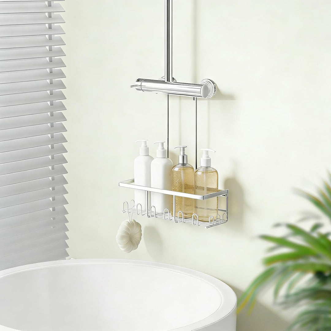 Duschablage Ohne Bohren, Duschablage Zum Hängen, shampoo halterung für dusche mit 12 Haken Silber-hä