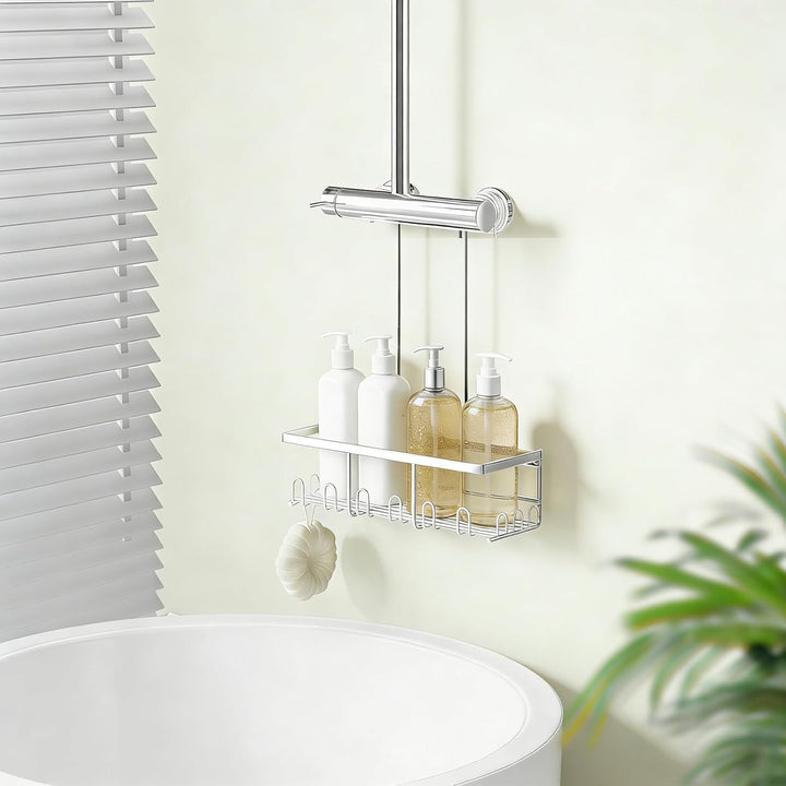 Duschablage Ohne Bohren, Duschablage Zum Hängen, shampoo halterung für dusche mit 12 Haken Silber-hä