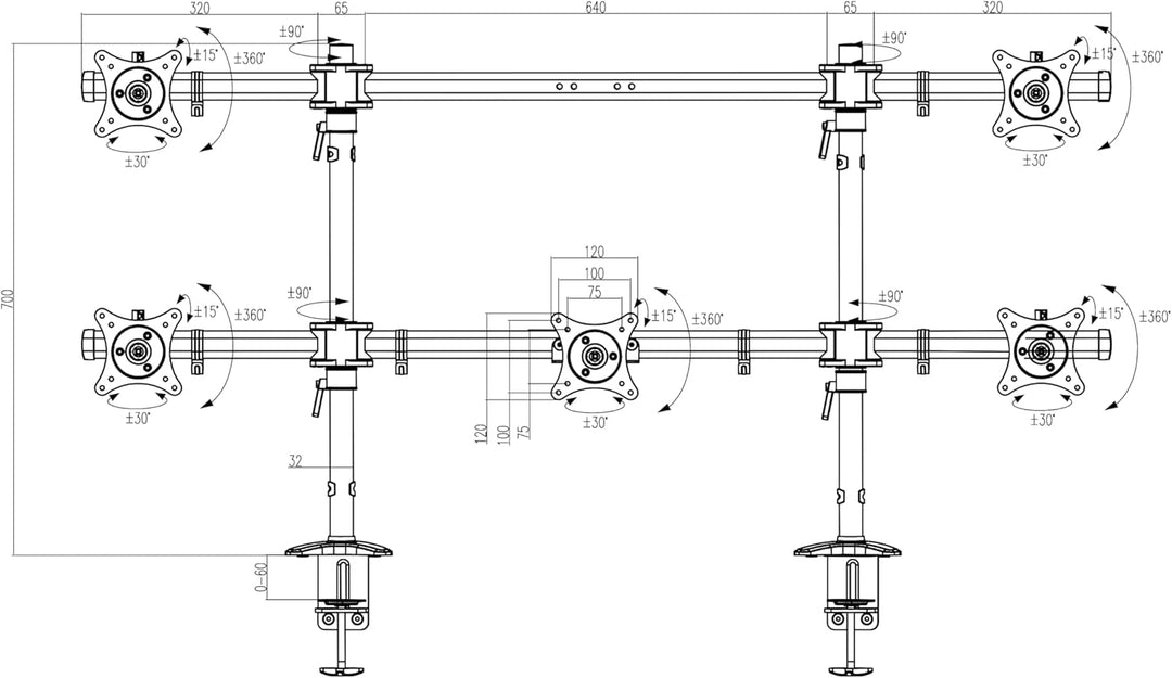 HFTEK Monitorhalterung für 5 Monitore: Oben 27–32" (bis 8 kg/Arm), unten 15–27" (Mitte bis 12 kg). H