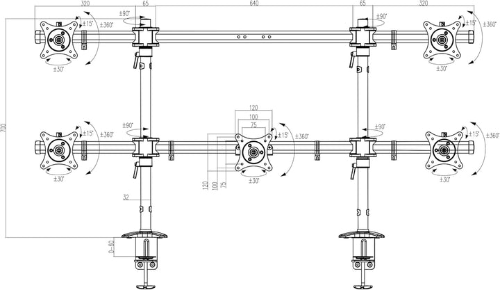 HFTEK Monitorhalterung für 5 Monitore: Oben 27–32" (bis 8 kg/Arm), unten 15–27" (Mitte bis 12 kg). H