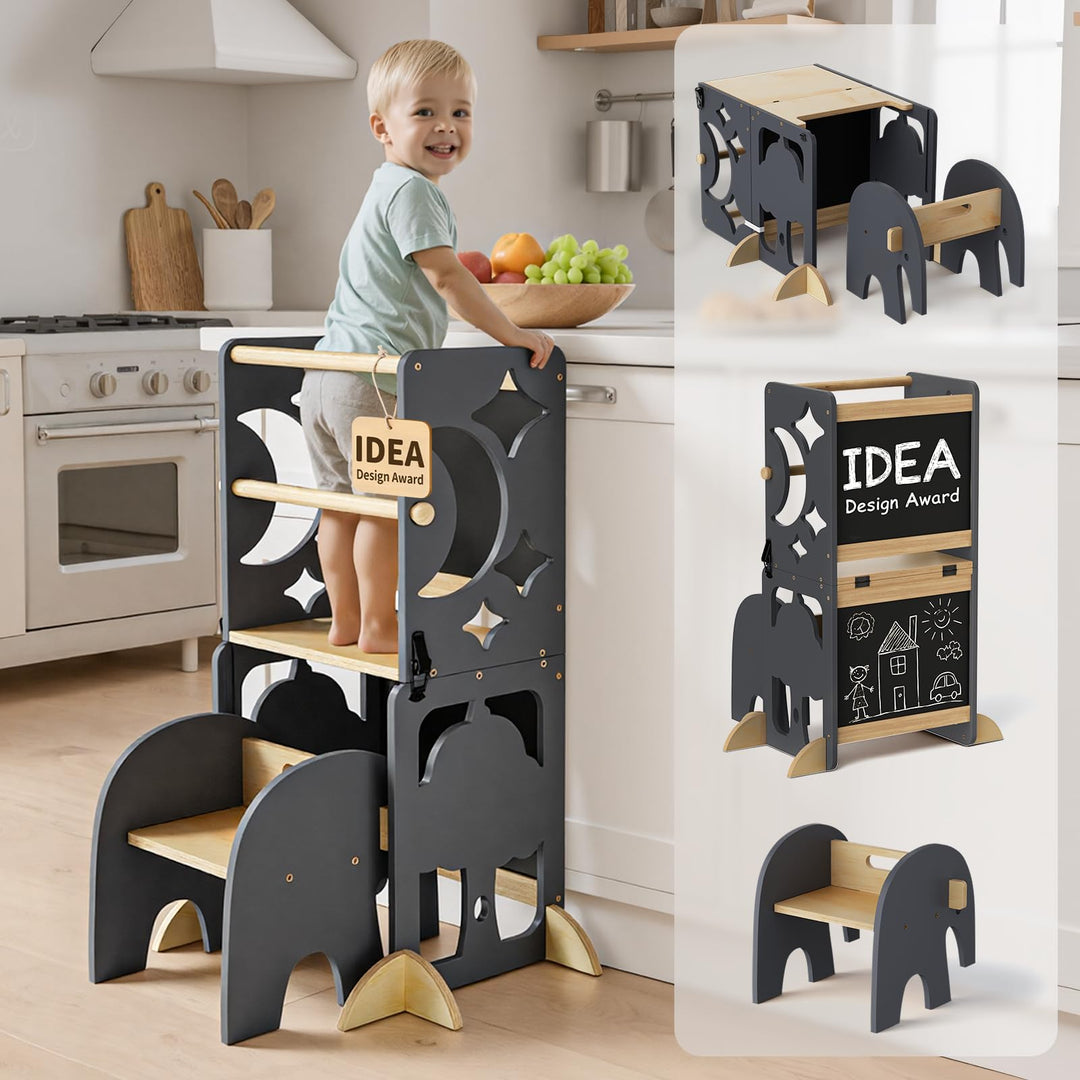 COSYLAND Lernturm ab 1 Jahr, klappbar – 4in1 Lernturm Kinder mit Doppeltafel, Stehhilfe & Schreibtis