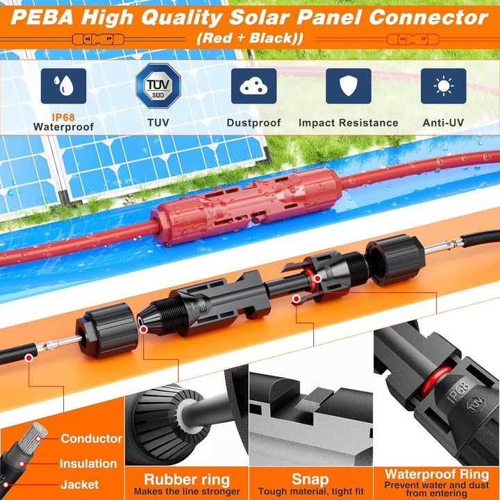 PEBA Solarkabel Verlängerung 4mm²/6mm², Solarkabel 1/2/3/5/8/10/15/20M mit Solarstecker, Photovoltai