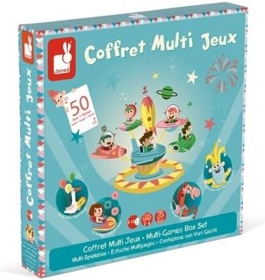 Janod - Carrousel Multi-Games Box Set - Classic Family Games - Draughts game, Ludo, Yellow Dwarf, 7