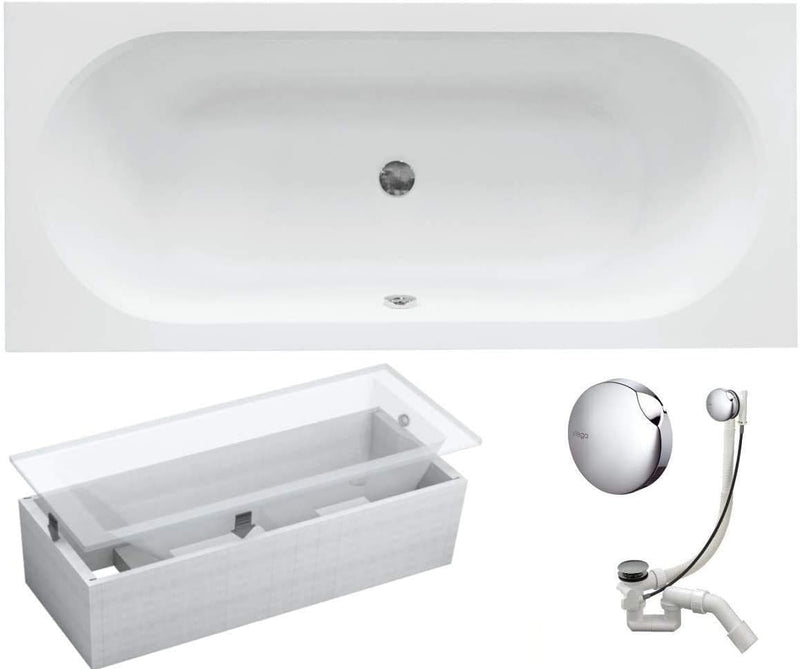 VBChome Badewanne 150x75 cm Acryl SET 3in1 Wannenträger Siphon Wanne Rechteck Weiss Design Modern St